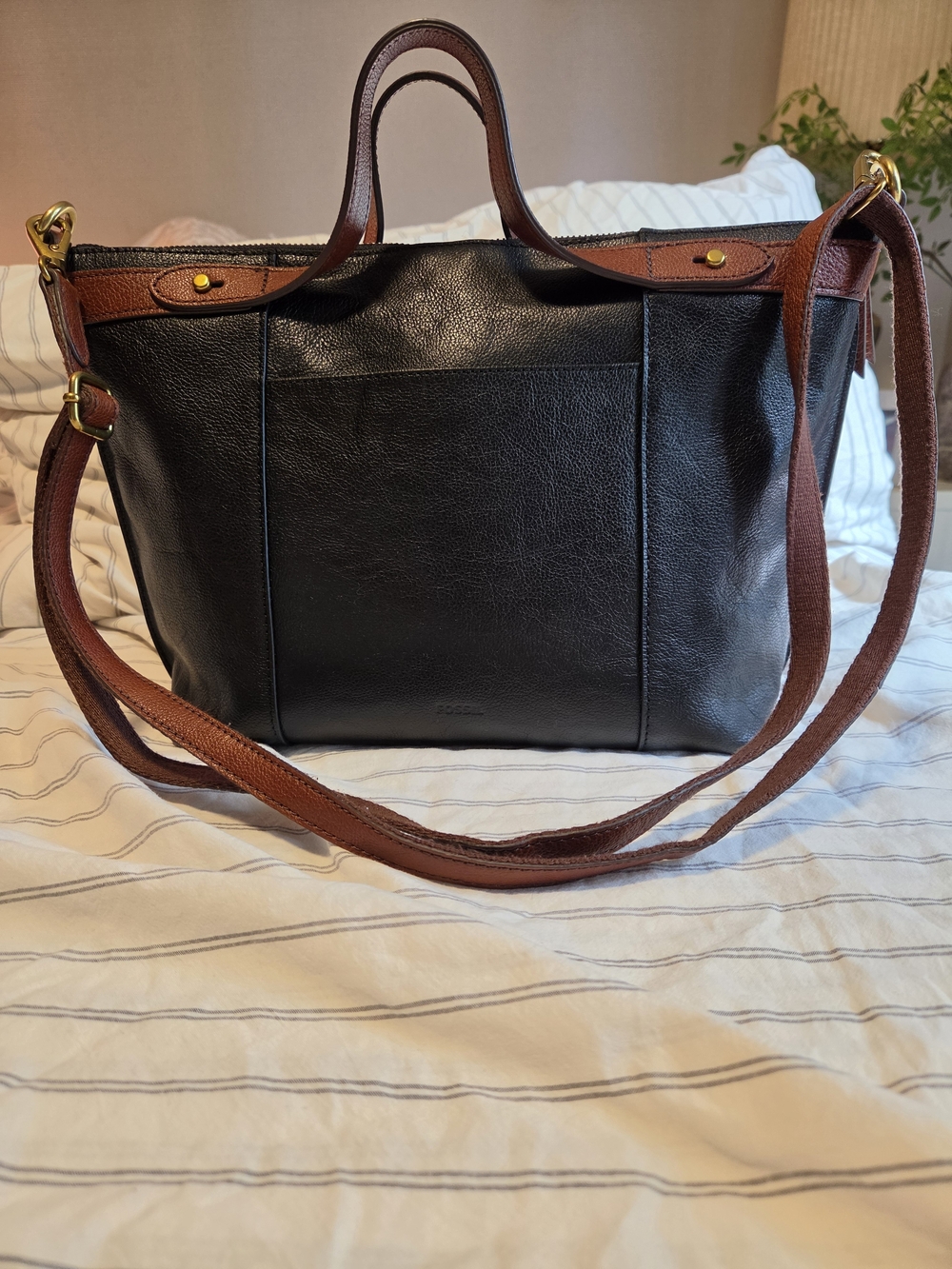 FOSSIL Classic Black Leather Tote with Brown Trim.BNWOT